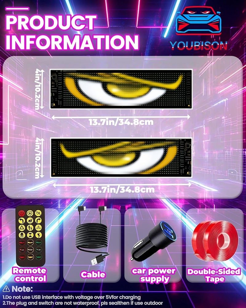 YOUBISON 2 قطع 4 بوصة × 13.7 بوصة أضواء عيون الشيطان لزجاج السيارة الأمامي، لوحة مصفوفة LED تعمل بالطاقة من USB لنوافذ السيارات، SUVs والشاحنات، شاشة LED مرنة قابلة للبرمجة مع تحكم عبر التطبيق - Image 2
